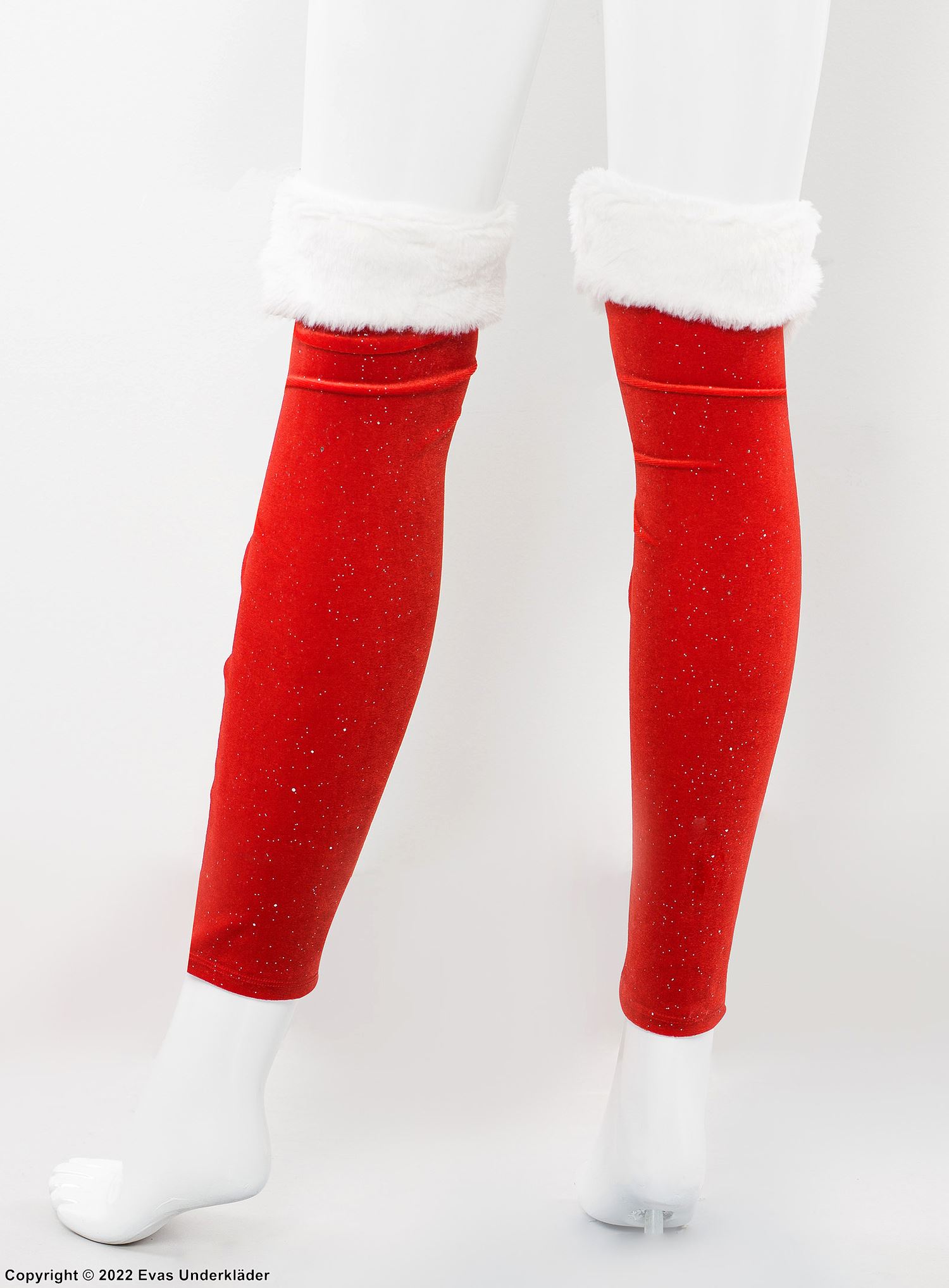 Juletema (kvinne), leggings, fløyel, snøring, fuskepels, glitter